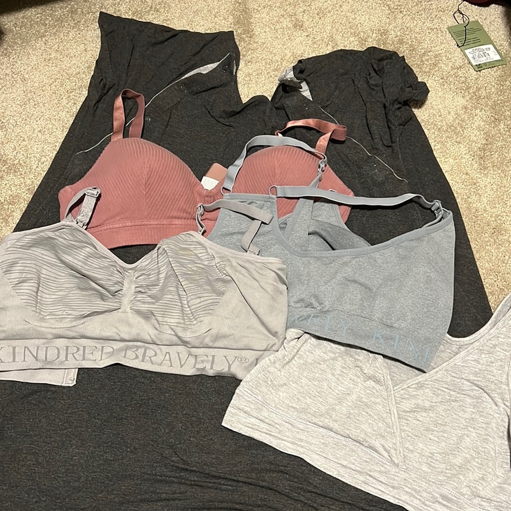 Four nursing/pumping bras and a personal hospital gown maternity